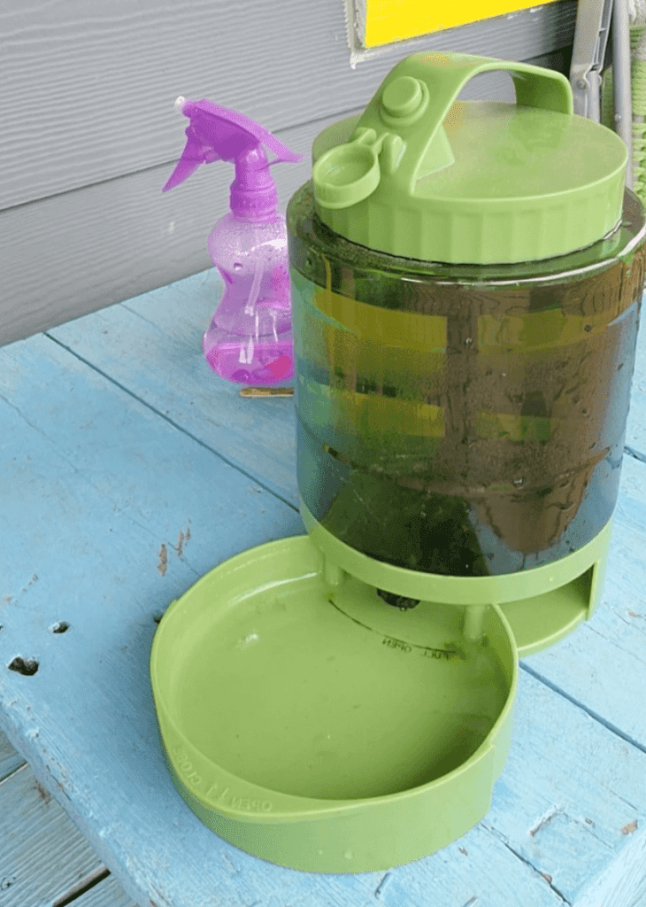 A plastic water dispenser with a bowl at the bottom, half-filled with water.