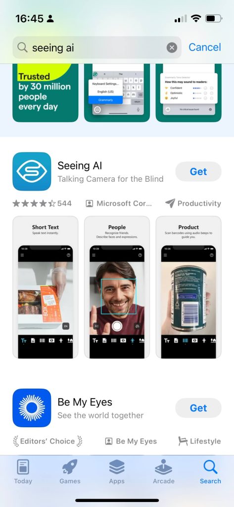 Seeing AI- Talking Camera for the Blind - listing in the app store. Beside the name and logo it says "get"
