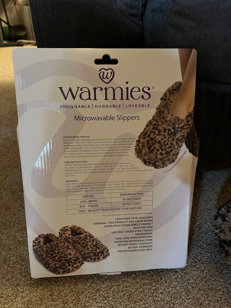 Back of warmies package with instructions for use, care instructions and warnings.